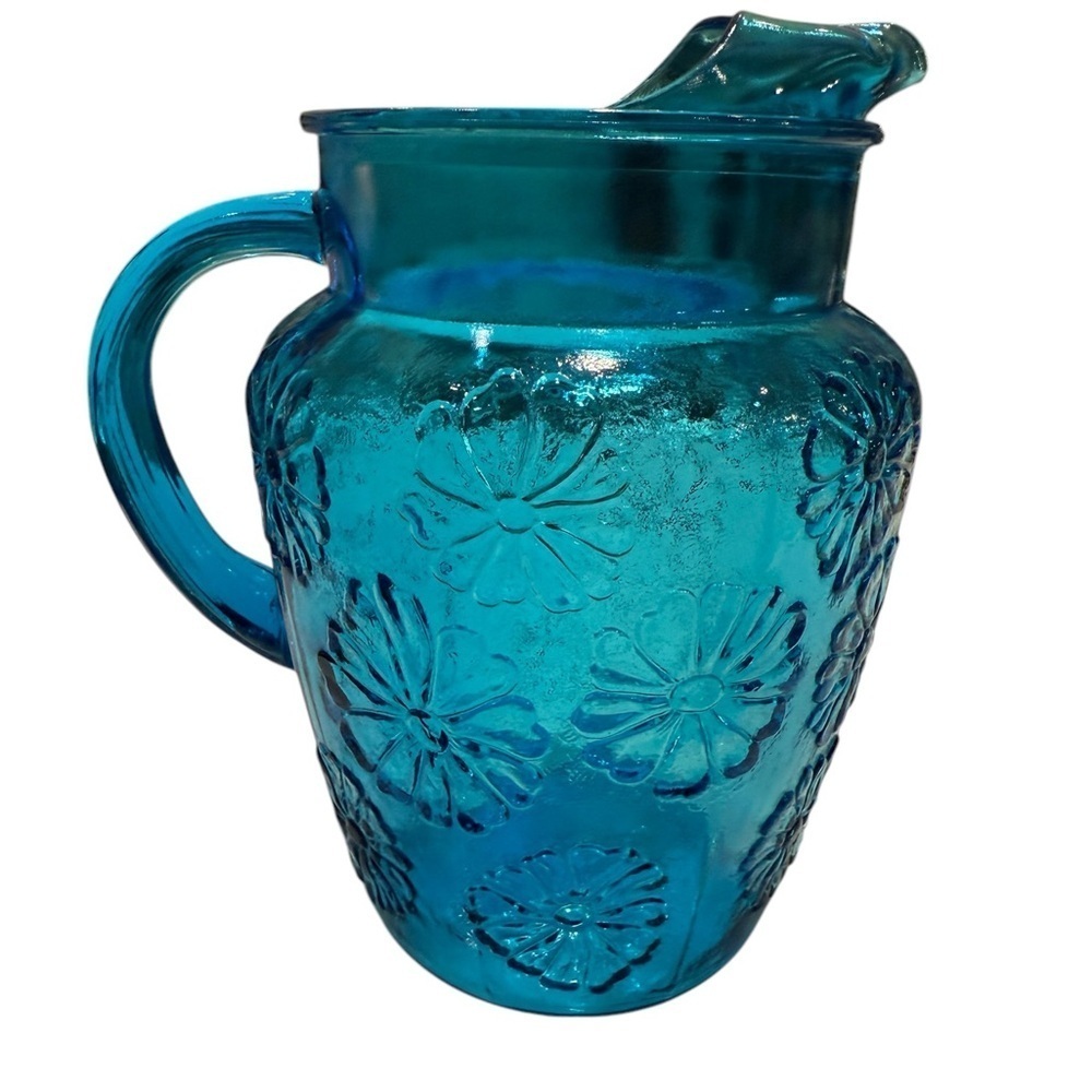 Cobalt Blue Glass Water Pitcher Vtg. 1960’s Embossed Floral Mid Century Modern